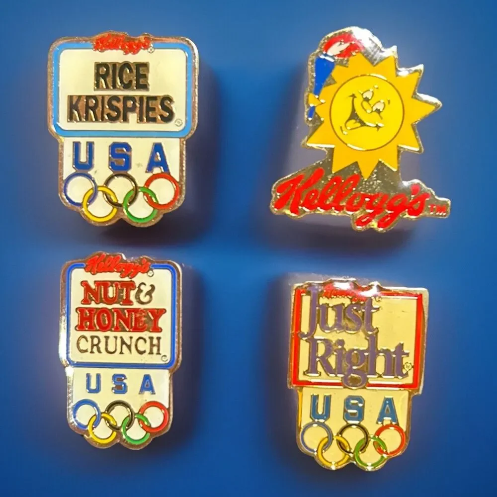 4 Kellogg's Cereal Sponsor Pins 1992 U.S. Olympics Team Rice Krispies, Mr Sun +